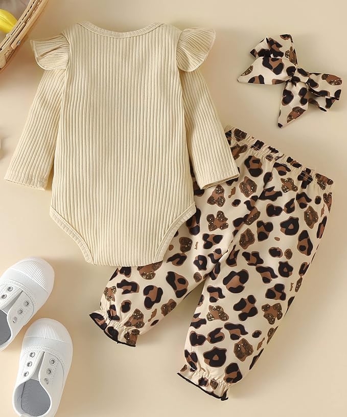 Fullfamous Baby Girl's 3pc Rib Frill Long Sleeve Romper and Pant Set