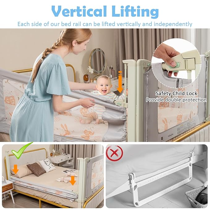 BABY JOY Bed Rail for Toddlers, 59" Vertical Lifting Extra Long Infants Safety Bed Side Rails with Double Lock, Foldable Baby Bed Rail Guard for Twin Double Full Size Queen King Bed Mattress (Gray)