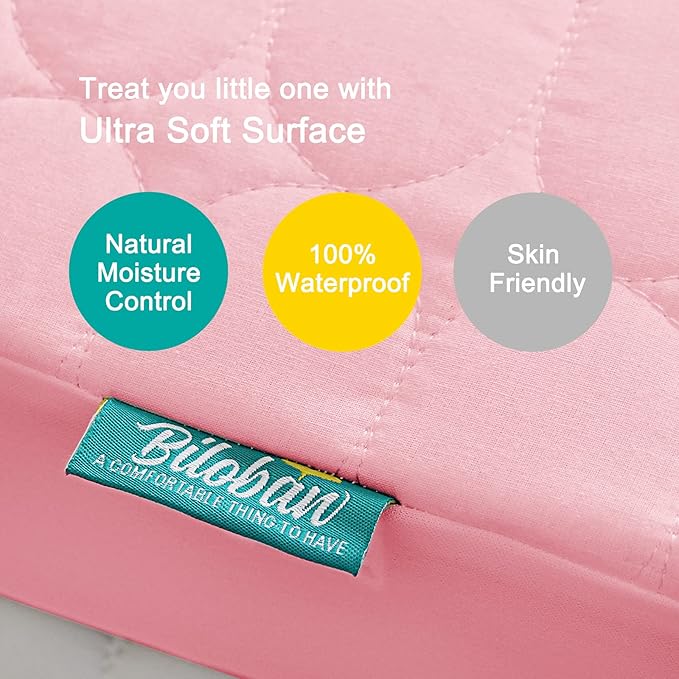 Mini Crib Mattress Protector Sheets Waterproof 2 Pack, Quilted Pack and Play Mattress Pad Cover Fits for Baby Mini Crib/Playen/Pack and Play Mattress, Grey & Pink, 38"x24"