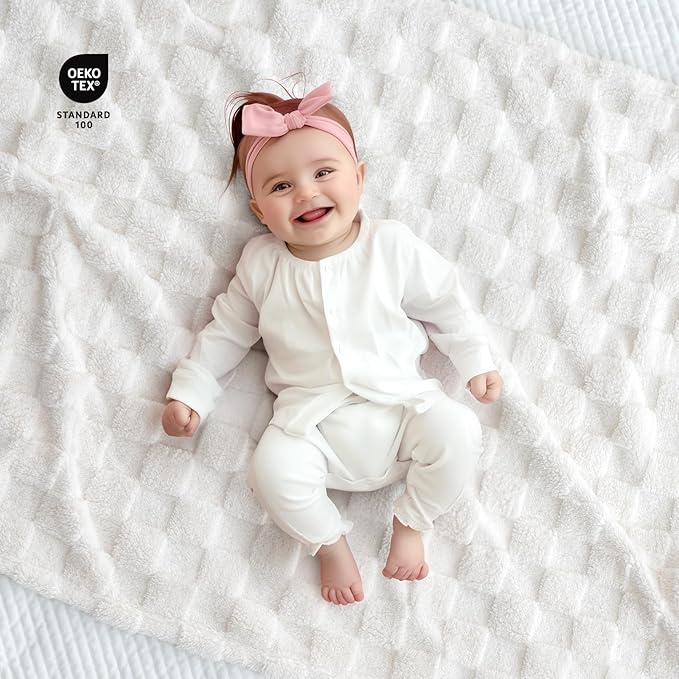 Checkered Baby Blankets Double-Sided Fleece Plush Toddler Blankets for Boys Girls, Lightweight Soft Cozy and Warm Newborn Receiving Throw for Bed, Crib, Couch, Sofa 30 x 40 Inches, White