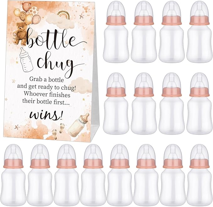 TrelaCo Bottle Chug Baby Shower Game 20 Pcs Baby Bottles Shower Favor with 1 Classic Theme Sign for Gender Reveal Party Supplies Gifts(Brown)