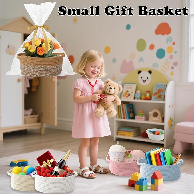 Gift Basket with Gift Bag and Ribbons,Small Rope Woven Shelf Storage,Baskets for Gifts Empty,Birthday,Shower,Decorative Organizer Box for Cat Dog Pet with Handles(Jute&Mixed Brown)