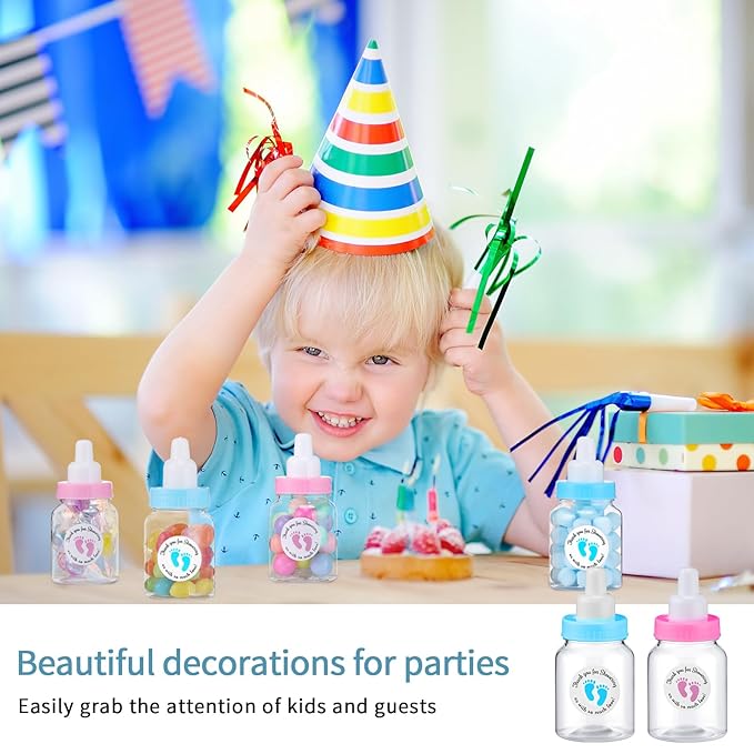 Tondiamo 48 Pcs Blue Pink Baby Shower Mini Bottle Favors 1. 5 x 3. 5 Inch Baby Shower Candy Jar Mini Milk Bottle Party Favor Fillable Gift Boxes for Boys Girls Birthday Party Games Decorations