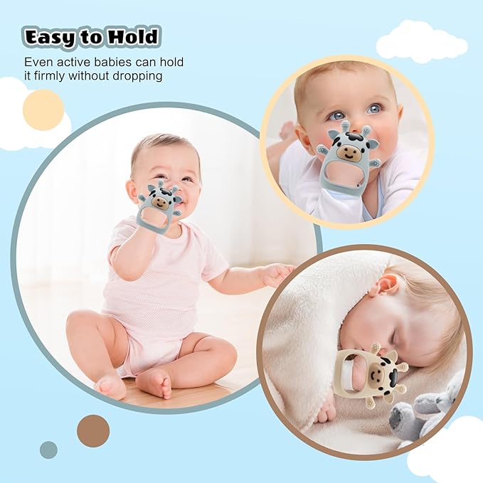 TOHIBEE 2 Packs Baby Teething Toys for 0-6 6-12 Months, Food Grade Silicone Adjustable Cow Teething Mitten, Chew Teether Toys for Teething Pain Relief, Baby and New Born Essentials, Blue & White