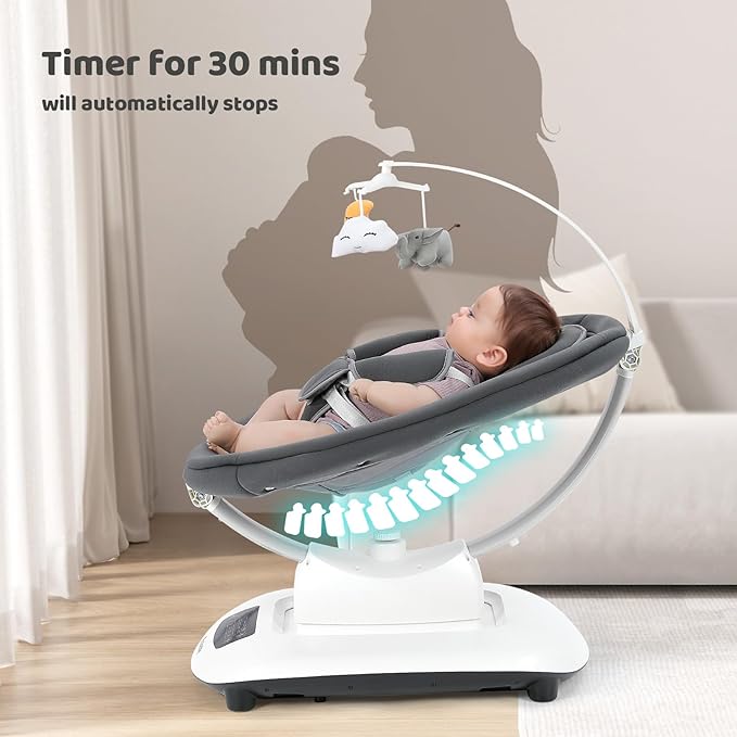 Ezebaby Baby Swing for Infants and Newborns with 5 Unique Motions, Adjustable Speed and Positions, Lullabies, Infant Swing with 5-Point Harness, Baby Swing for Newborn Babies 0-9 Months Grey