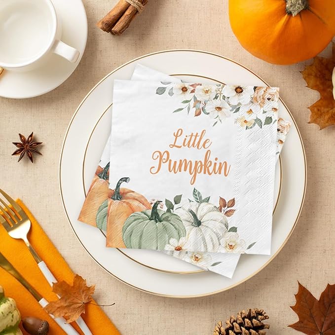 100 Pcs Little Pumpkin Baby Shower Party Decoration – Autumn Pumpkin & Floral Tableware Set with Plates, Napkins, Cups, Cutlery for Thanksgiving & Fall Baby Shower Decorations, Serves 20