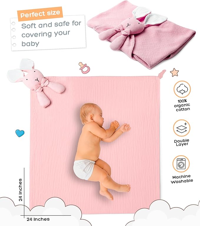 Baby Lovey Blanket β Muslin Security Blanket with Plush Bunny for Newborn Boys or Girls β Soft and Cozy Lovey 24 x 24 inches