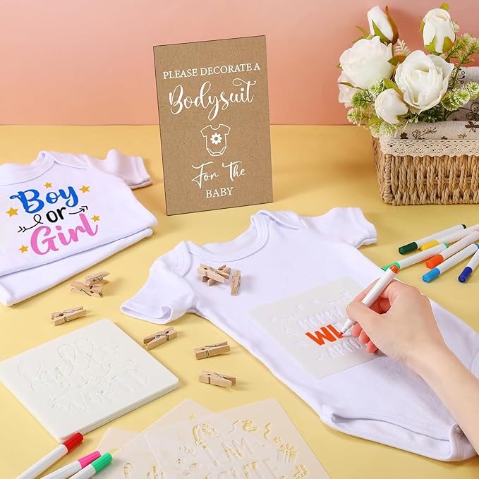 Panitay 126 Pcs Baby Shower DIY Bodysuit Set Rustic Kraft Baby Shower Game Sign DIY Bib 25 Blank White Newborn Bodysuit 25 Stencils 24 Marker 1 Sign 50 Pins for Gender Reveal(Kraft)