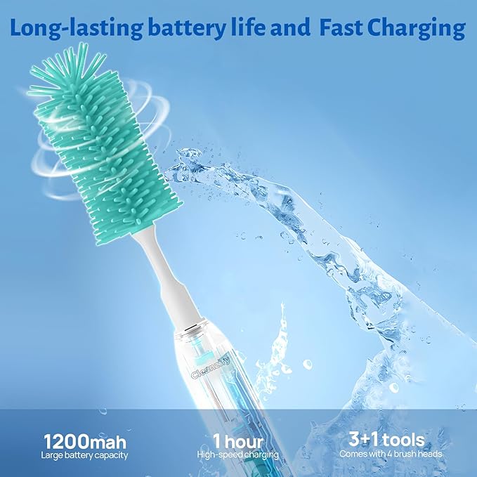 Electric Bottle Cleaner, Rechargeable Baby Bottle Cleaner Set for Travel, Waterproof with 2 Brush Heads, Straw Brush, Mixing Head, Storage Box