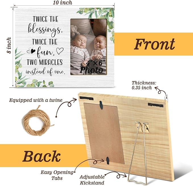 JioJio Chan Twins Picture Frame - 4 x 6 Inch Photo - Twice The Blessings Twice The Fun Twins Baby Items Gift For Boy girls Babies Mom Pregnancy Announcement Birthday Christmas