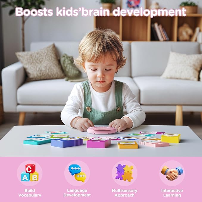 Spanish & English Talking Flash Cards for Toddlers, Pocket Speech Therapy Toys with 510 Words, Montessori Language Learning and Autism Toys, Children's Sensory Learning Device Gift (Pink)