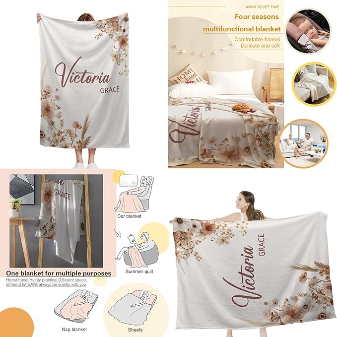 Personalized Baby Blanket with Name, Custom Baby Blanket for Kids Soft Flannne Blankets in Easter Personalized Baby Gifts for Infant Newborn Shower (Brown)