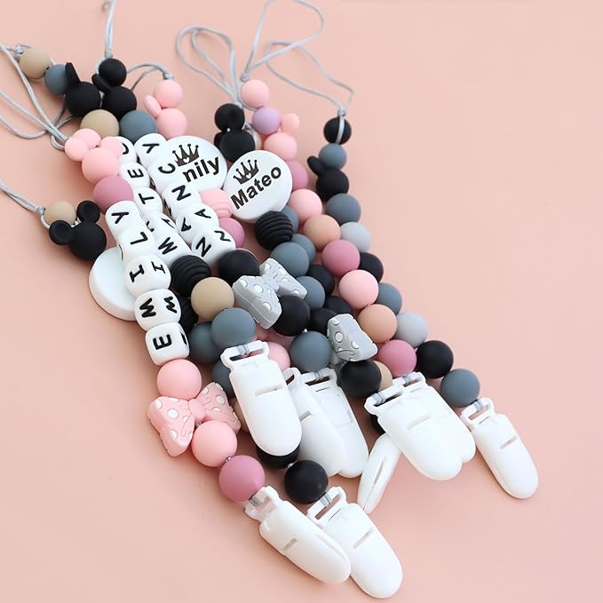 Customized Baby Pacifier Holder Clip with Name, Personalized Name Pacifier Clip for Boys and Girls Fits for Most Pacifiers (Grey)
