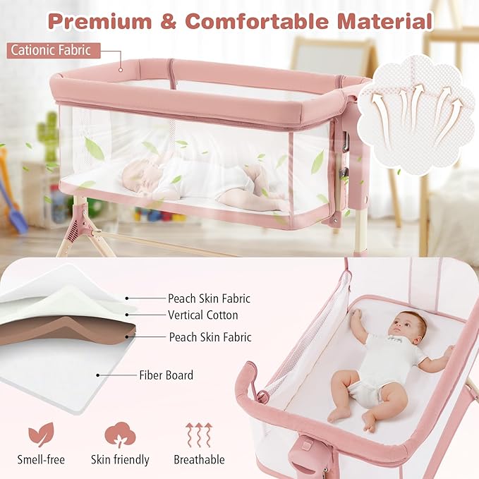 BABY JOY Bassinet, 3 in 1 Rocking Bedside Bassinet w/Storage Basket, Universal Wheels, Adjustable Height, Mattress, Net & Portable Bag, Carriable Crib Baby Bassinets Bedside Sleeper (Pink)
