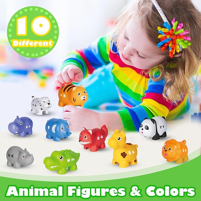 52PCS Animal Alphabet Learning Toys for Toddlers 2-4, 10 Different Animal Figures, Montessori Educational Toys Gifts for Boy Girl, Preschool Learning Activities, Double Sided ABC Matching Game 