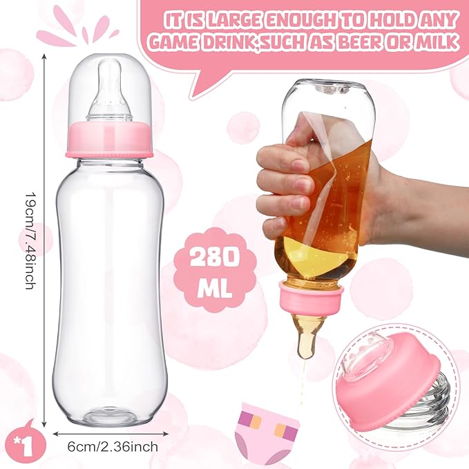 Hushee 6 Sets Funny Plastic Bottle Chug Baby Shower Games Diaper Baby Shower Game Gender Reveal Race Gifts Decoration for Adults Boys Girls (Pink)