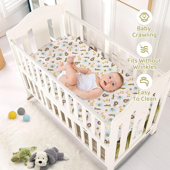 Wowelife Safari Crib Bedding Set, Mini Crib Bedding Set Boy. 3-Piece Mini Crib Comforter Set Nursery Bedding Sets for Boys Include Crib Comforter, Skirt and Sheet, Brown