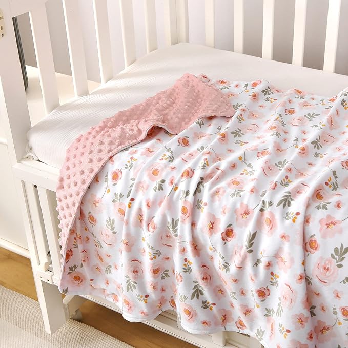 DaysU Silky Micro Soft Plush Baby Blankets for Girls with Print Floral Pattern and Soothing Raised Dots, Double Layer Bed Throws for Baby Crib, Blossom, Pink, 30x40 Inches