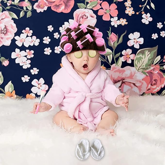 SPOKKI Newborn Photography Props 7 PCS Newborn Girl Photoshoot Outfits Babies Robe Props with Bath Towel Slippers Cucumber Curler Hat Makeup Brush for Infant Boys Girls