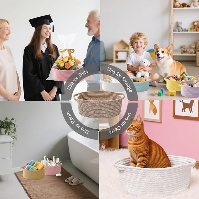 Gift Basket with Gift Bag and Ribbons,Small Rope Woven Shelf Storage,Baskets for Gifts Empty,Birthday,Shower,Decorative Organizer Box for Cat Dog Pet with Handles(Mixed Brown)