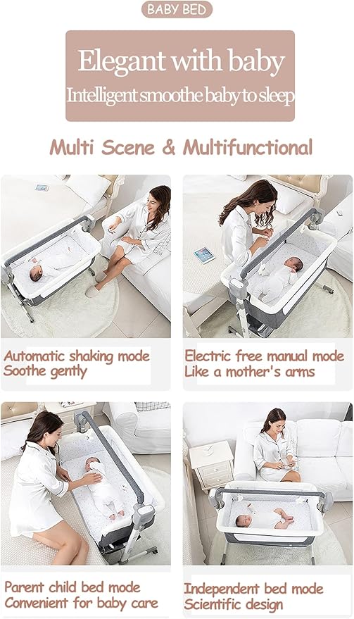 Electric Bluetooth Smart Next to Me Crib, Bassinet Cradle with Lullaby Music, Baby Bedside Crib for Newborn, Baby Co-Sleeper Cot with Mattress, Remote and 5 Swaying Gears(MG601-Khaki)