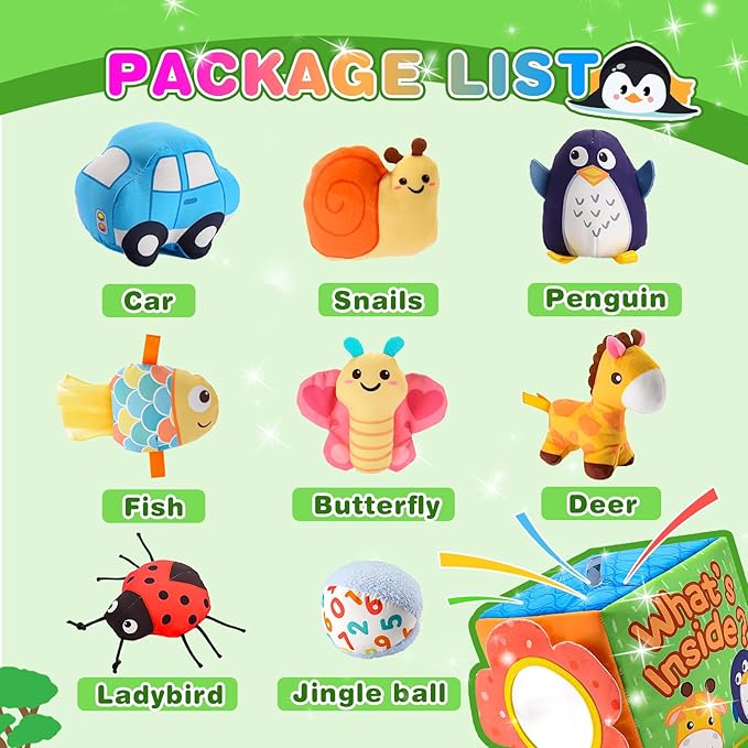 Baby Toys 6-12 Months, Mystery Montessori Sensory Soft Box Toy with 8 Stuffed Animals for 6 7 8 9 10 12 Month Old Babies Girl Boy Gifts Learning Busy Boxes Birthday for Infant & Toddler