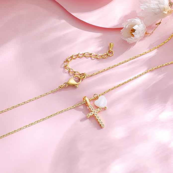 Delicate Cross Necklace for Girls : Gold Plated Pearl Heart Cubic Zirconia Cross Chain Necklace Christening Jewelry Baptism First Communion Confirmation Easter Gifts Teen Kids Little Girl