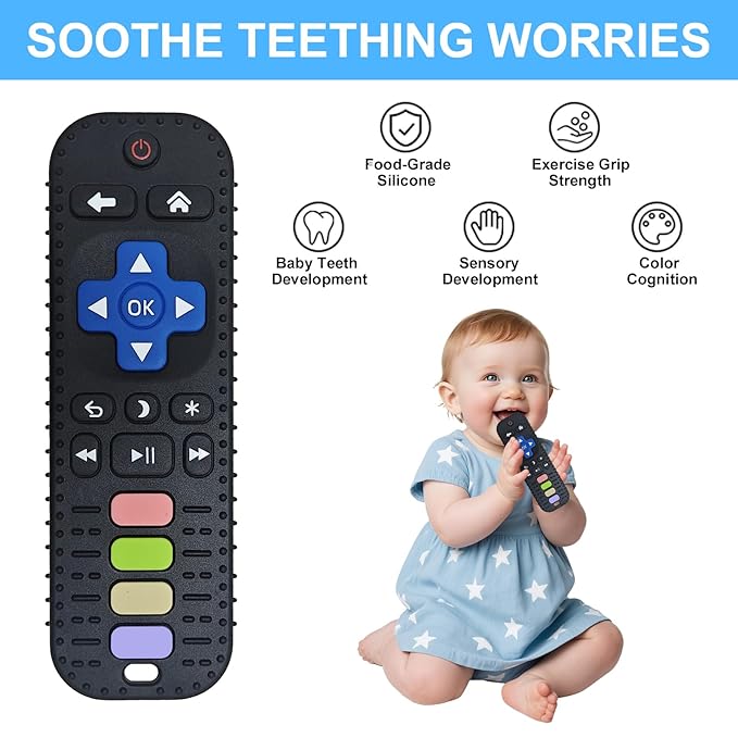 Teething Toys, Food Grade Silicone Teether for Babies 3 6 12 18 Months, TV Remote Control Shaped Baby Teether Toys Chew Toys for Infants, BPA Free, for Baby Gum Relief