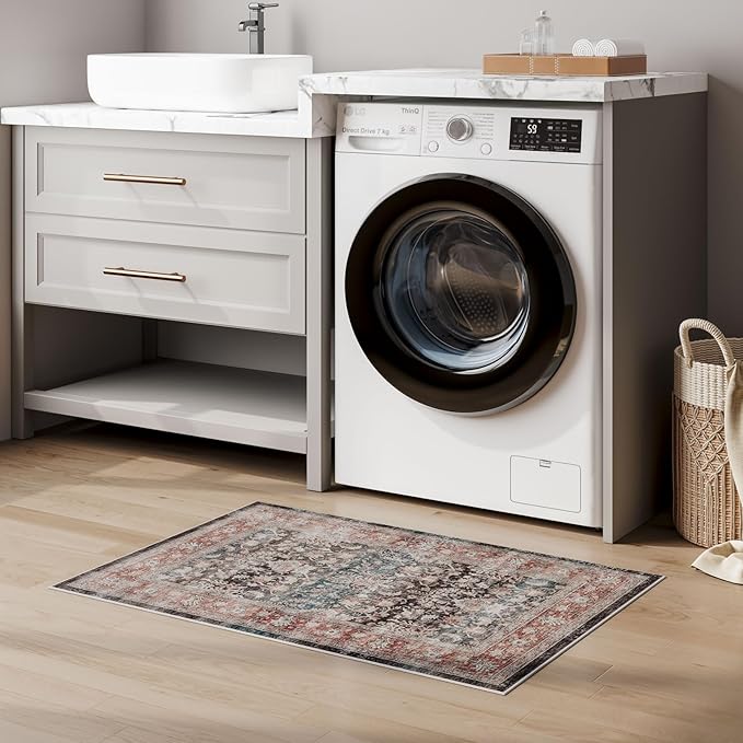 Dripex Vintage Washable Rug 2x3 Indoor Door Mat Non-Slip Bathroom Mat Distressed Low-Pile Small Rug for Front Entrance Kitchen Living Room Bedroom