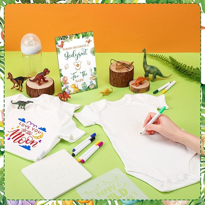 Panitay 126 Pcs Baby Shower DIY Bodysuit Set Rustic Kraft Baby Shower Game Sign DIY Bib 25 Blank White Newborn Bodysuit 25 Stencils 24 Marker 1 Sign 50 Pins for Gender Reveal(Dinosaur)