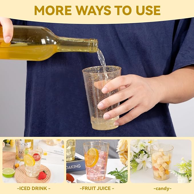 supernal 100pcs Gold Plastic Cups 12 oz, Glitter Clear Disposable Cups Heavy Duty, Fancy Plastic Cocktail Tumblers for Wedding, Thanksgiving, Christmas, Parties Champagne & Mixed Drinks