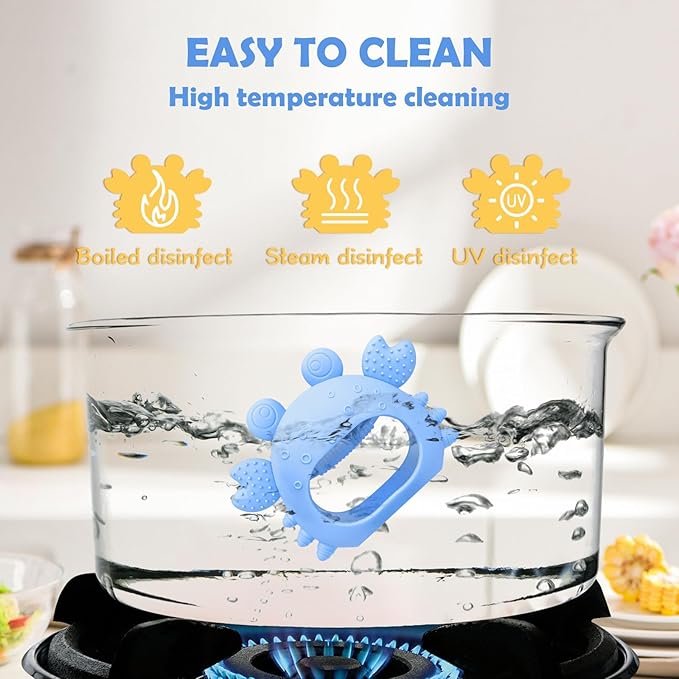 Anboor 2 Pack Baby Teething Toys, Silicone Teethers for Babies 0-6 Months Anti Dropping Hand Teether, Infant Baby Chew Toys for Teething Relief, for Newborn Soon-to-be Mothers (Blue,Crab)