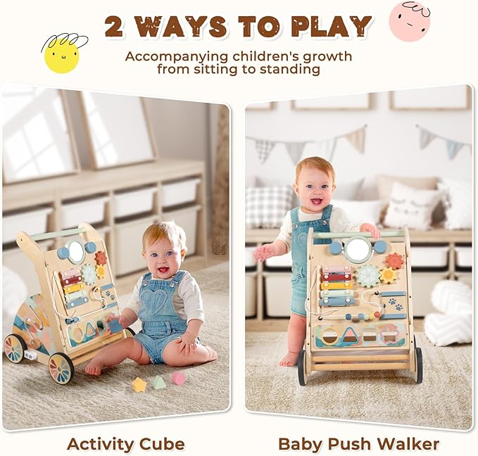 LOL-FUN Wooden Baby Walker with Detachable Busy Board, Push Walker for Baby with Adjustable Speed Wheels, Activity Learning Walker for Boys Girls 6-12 Months