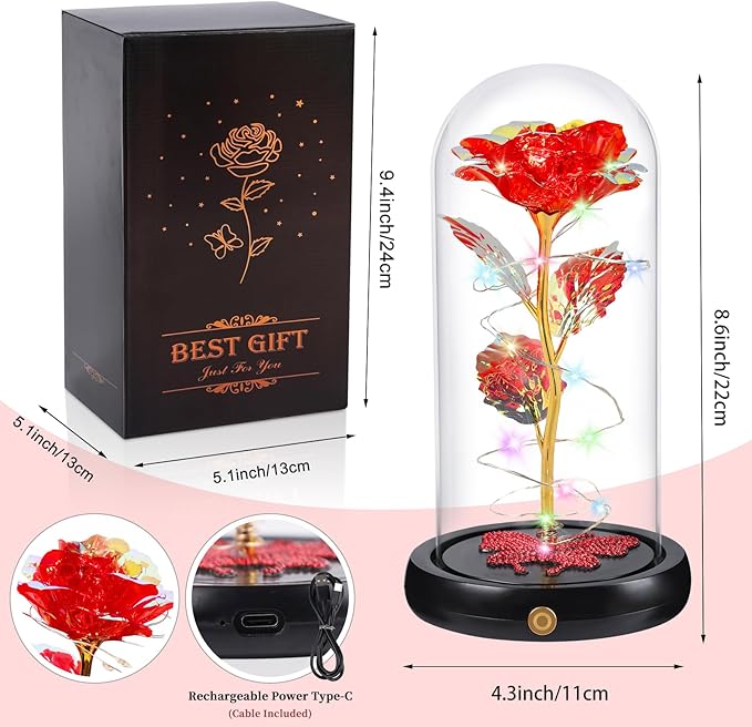 DEEMEI Birthday Gift for Women Red Rose Eternal Flower USB Light Up Rose in Glass Dome Anniversary Flowers for Delivery Prime Mothers Day Presents Flowers Gifts for Her Grandma Girlfriend Wife