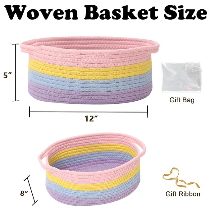 Gift Basket with Gift Bag and Ribbons,Small Rope Woven Shelf Storage,Baskets for Gifts Empty,Birthday,Shower,Decorative Organizer Box for Cat Dog Pet with Handles(Rainbow Pastel)