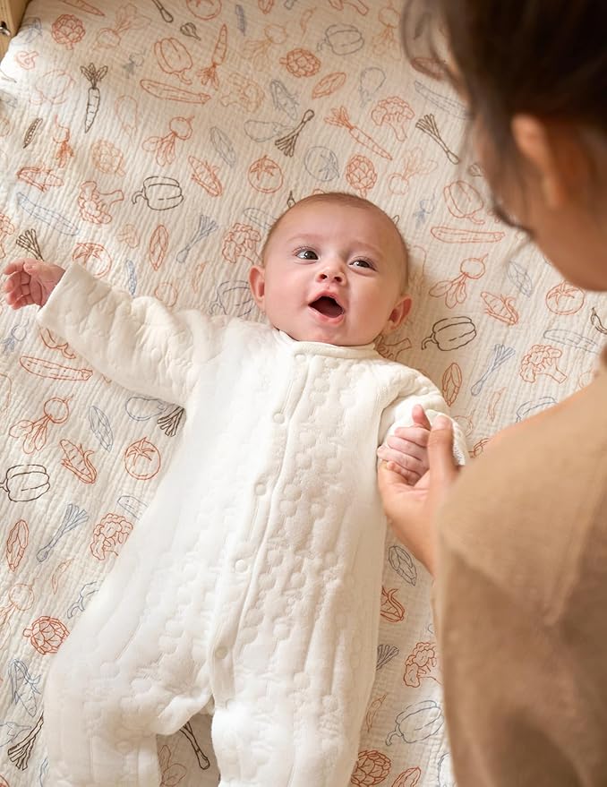 Momcozy Best Wishes Muslin Fitted Mini Crib Sheets, 38''x26'', 2 Pack Soft Breathable Natural Cotton Baby Mattress Sheet, 360° Mattress Wrapping Boys Girls Neutral Toddler Bed Sheet, Farming Joy