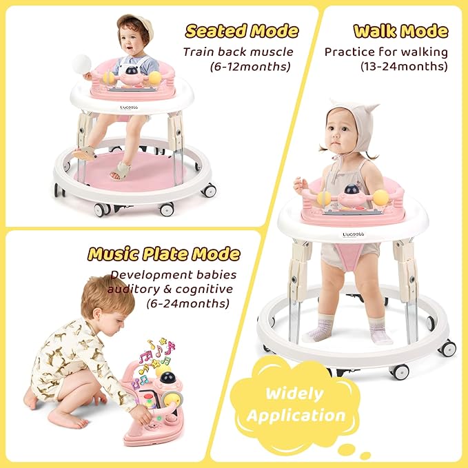 Baby Walker with Wheels,Music and Lights Baby Walker for Boys Girls 6-12 Months,Foldable Baby Walkers and Activity Center,Toddler Infant Walker with 7-Speed Height Adjustment,Detachable Plate,Pink