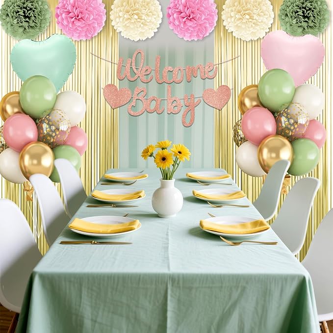 Dusty Pink Green Gold Baby Shower Decorations,Welcome Baby Banner with Sand White Sage Green Balloons Fringe Curtains Paper Pom Poms Flowers Tassels for Boho Baby Shower Gender Reveal Party Supplies