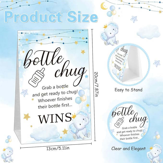 TrelaCo Cool Baby Shower Games Sets 12 Pcs Feeding Bottles with 1 Bottle Chug Sign for Gender Reveal Baby Shower Party Favors Decoration Games(Elephant,Blue)