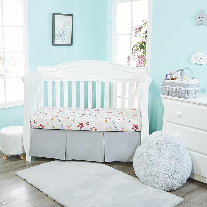 EVERYDAY KIDS 2 Pack Fitted Boys Crib Sheet, 100% Soft Breathable Cotton Baby Sheet, Fits Standard Size Crib Mattress 28in x 52in, Nursery Sheet with Giraffe, Elephants Sports Theme and Solid Blue
