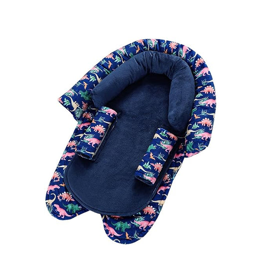 SWESEN Baby Car Seat Head Support, Super Soft 2 in 1 Infant Car Seat Insert, Reversible Newborn Car Seat Insert Cushion with Strap Covers for Strollers, Bouncers, Swing, Navy Dinosaur
