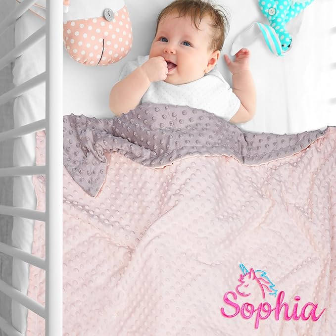 Personalized Baby Blanket with Embroidered Name, Custom Blanket for Girls Boys, Personalized Christmas Birthday for Girls Boys Newborn Essentials (Pink-Grey)