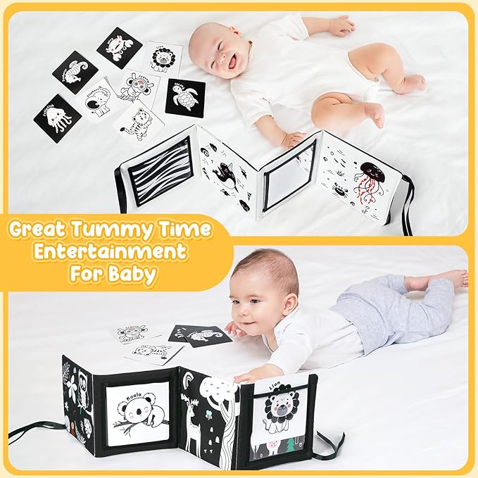 URMYWO Tummy Time Mirror Toys, High Contrast Black and White Baby Toys for Newborn, Baby Boy Girl Gifts, Visual Stimulation Learning Activity Cards, Soft Baby Book, Montessori Infant Toys 0-12 Months