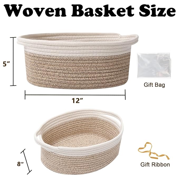 Gift Basket with Gift Bag and Ribbons,Small Rope Woven Shelf Storage,Baskets for Gifts Empty,Birthday,Shower,Decorative Organizer Box for Cat Dog Pet with Handles(White&Mixed Brown)