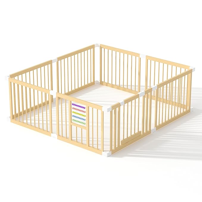 Baby Playpen with Gate, Wooden Playpen for Babies and Toddlers, Baby's Play Yard with Colorful Acrylic Beads, Baby Fence Play Area with Suction Cups, Extra Large Play Pen Area Indoor(79*71*24Inch)