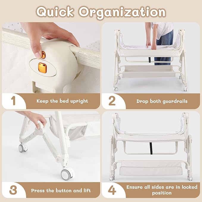 Baby Bassinet 5 in 1,Baby Bedside Bassinet with Diaper Table, Mosquito Net, Mattress, Storage Layer, Can Be Stored in One Button Travel Crib (Beige)