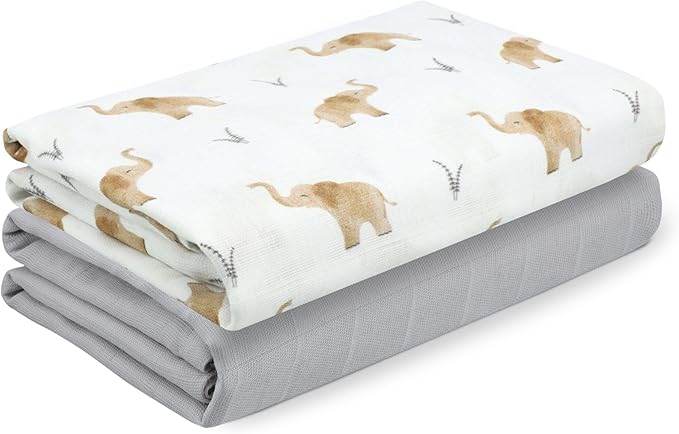 Featherhead™ 100% Cotton Muslin Swaddle Blankets for Baby Girl - Large 47”x 47” - Pre-Washed, Soft, & Breathable - Newborn Essential & Perfect Baby Registry Gift (2 Pack - Elephant)