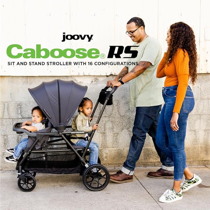 Joovy Caboose RS Sit & Stand Double Stroller for Children Up to 55 lb. with All-Terrain Wheels, UPF50+ Sun Canopy & Magnetic 5-Point Safety Harnesses, Jet