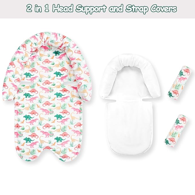 SWESEN Baby Car Seat Head Support, Super Soft 2 in 1 Infant Car Seat Insert, Reversible Newborn Car Seat Insert Cushion with Strap Covers for Strollers, Bouncers, Swing, Dinosaur