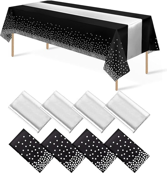 8Pack Disposable Plastic Tablecloths and Satin Table Runner Set Black and Silver Dot Tablecloth Silver Satin Table Runner for Wedding Birthday Baby Shower Anniversary Christmas New Year Party Supply